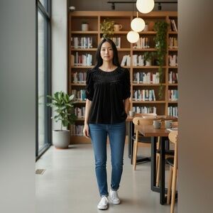 LOFT Black Velvet Ruched Top